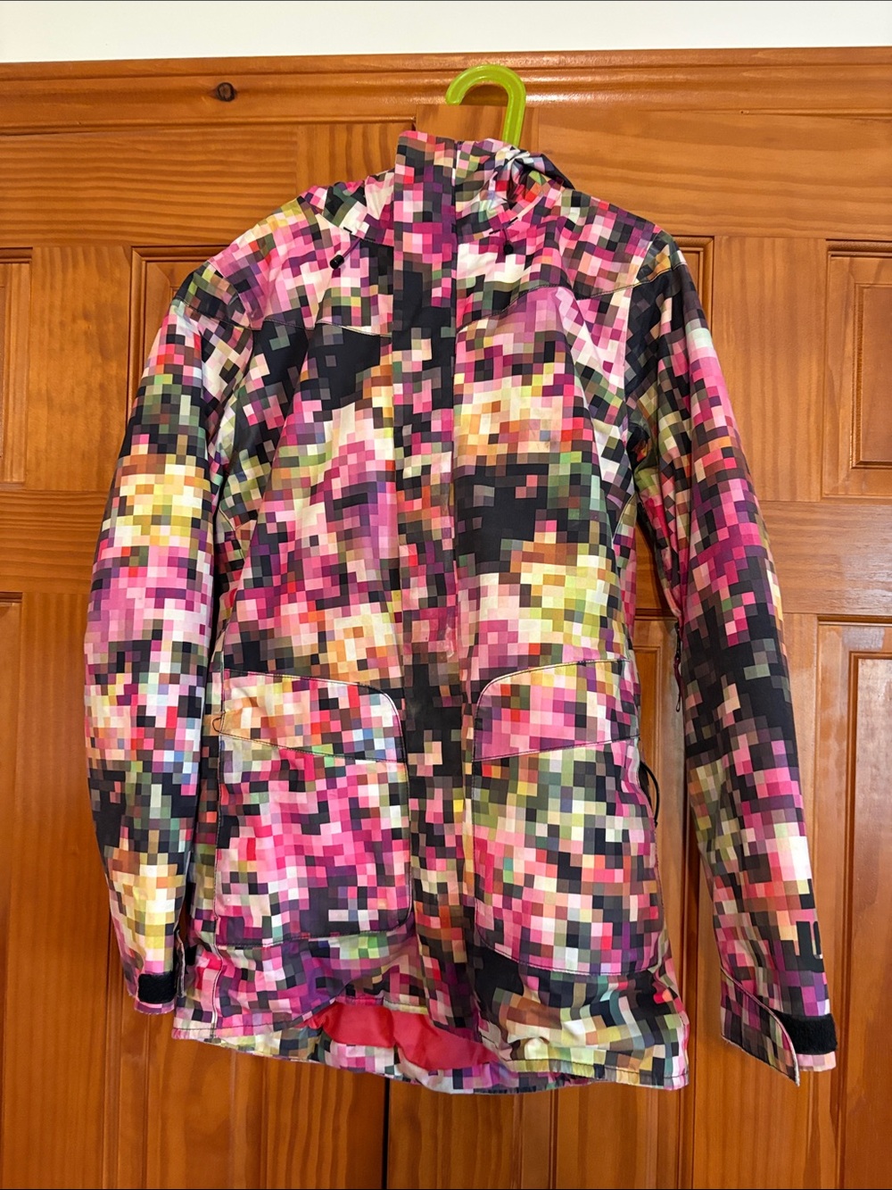 Burton Women's Ski Jacket in Pink, Black, Yellow & Green Pixel Print